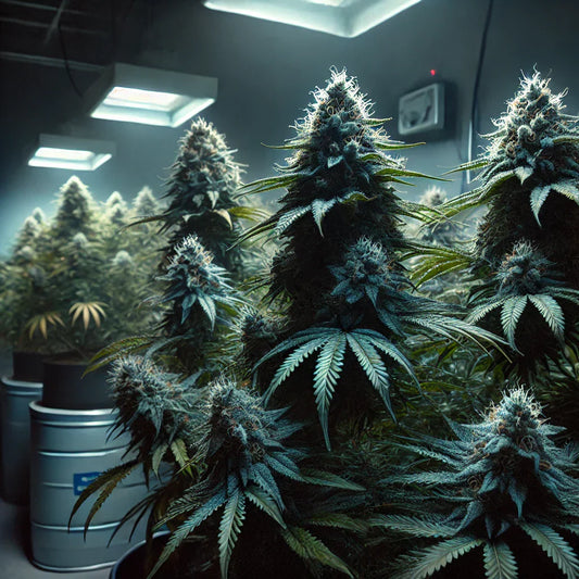 Das Bild zeigt eine Cannabis-Anbauanlage während der Dunkelperiode vor der Ernte. Die Pflanzen sind üppig und tragen dichte, frostige Blüten, die mit dickem Harz und Trichomen bedeckt sind, was auf eine erhöhte Harzproduktion hinweist.