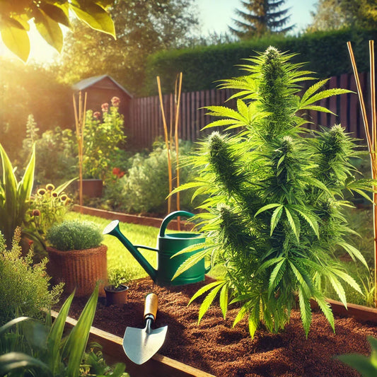 Bild deines Cannabis-Gartens, das eine ruhige und erfolgreiche Anbauumgebung darstellt. Es zeigt gesunde, blühende Cannabispflanzen in einem sonnigen Garten.