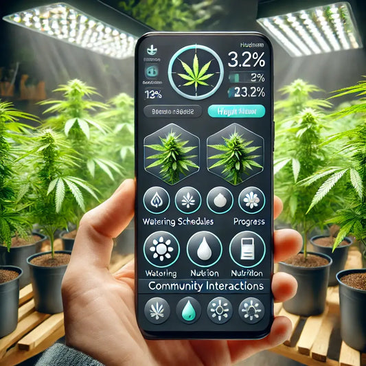 Smartphone mit einer Cannabis-Anbau-App, die Bewässerungspläne, Wachstumsfortschritt und Nährstoffüberwachung anzeigt. Im Hintergrund sind gesunde Cannabis-Pflanzen in Töpfen unter einer Grow-Beleuchtung zu sehen ist.