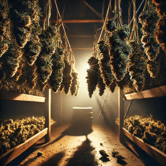 Das Bild zeigt geerntete Cannabis Pflanzen aufgehängt in einen Dunkelen raum
