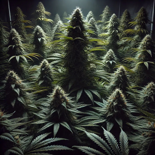 Ein dunkler Raum mit reifen Cannabis-Pflanzen kurz vor der Ernte. Die Pflanzen sind hoch, haben üppige, grüne Blätter, und die Blüten sind mit dicken, harzreichen Trichomen bedeckt.