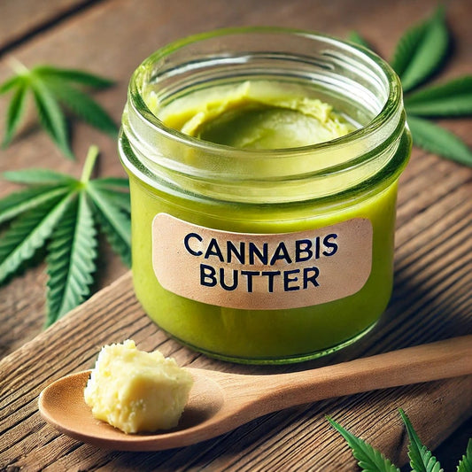 Detailaufnahme von cremiger Cannabisbutter in einem kleinen Glasgefäß auf einem rustikalen Holztisch, umgeben von frischen Cannabisblättern und einem mit Butter bestrichenen Holzspatel.