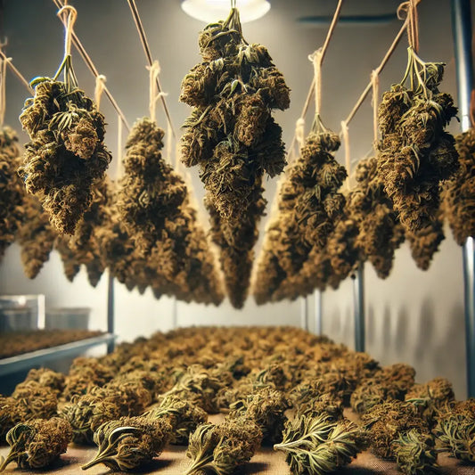 Optimaler Trocknungsprozess: Cannabisblüten in einem gut belüfteten Raum, bei kontrollierter Luftfeuchtigkeit zwischen 45% und 55%