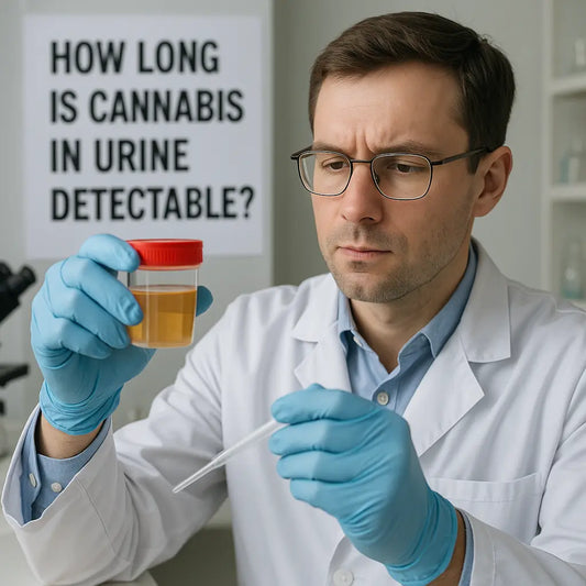 Ein Wissenschaftler im Labor analysiert eine Urinprobe auf Cannabis, um die Nachweisbarkeit von THC zu bestimmen.