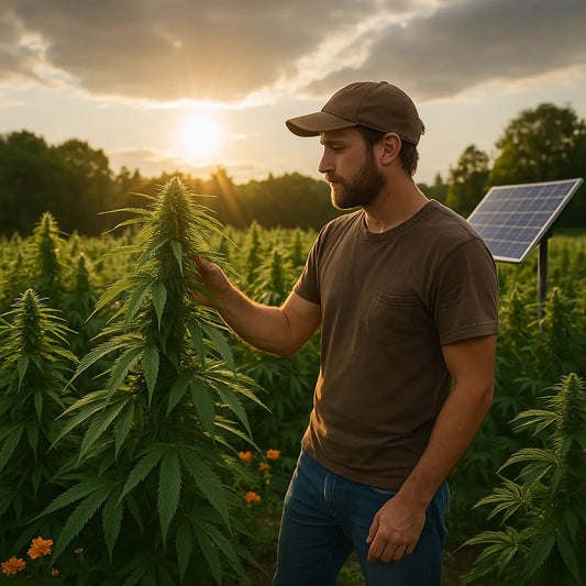 Mann pflegt Cannabispflanzen im Outdoor-Garten bei Sonnenlicht, mit Solarpaneln und nachhaltiger Umgebung – Symbolbild für Hanfanbau 2025