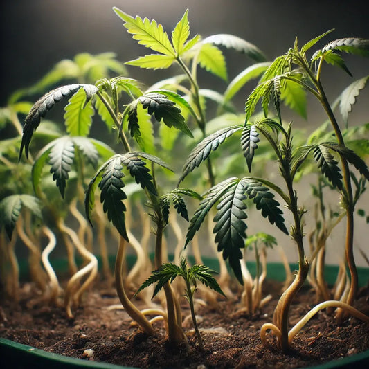 Gruppe von Cannabis-Keimlingen mit übermäßig verlängerten Stielen, schwachen Blättern und unsicherem Stand, bedingt durch unzureichende Beleuchtung
