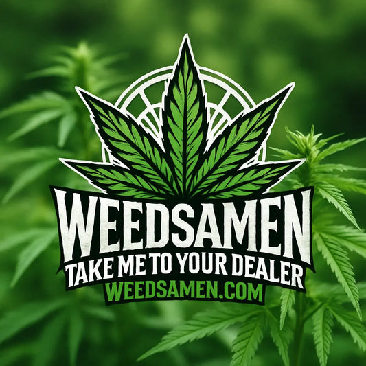 Logo von weedsamen.com vor grünem Naturhintergrund mit Hanfpflanzen