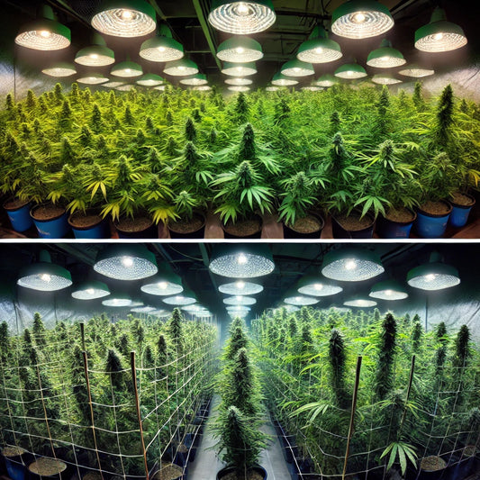 Das Bild zeigt einen direkten Vergleich der Anbaumethoden SOG (Sea of Green) und SCROG (Screen of Green): Links ist das SOG-Setup mit vielen kleinen, dicht gepflanzten Cannabis-Pflanzen