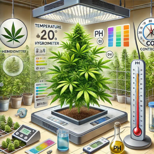 Realistische Darstellung einer Cannabispflanze in einem gut ausgestatteten Grow-Raum. Die Pflanze zeigt gesunde grüne Blätter und Harz auf den Blüten, während Geräte wie pH-Meter und CO₂-Kontrolle eine optimale Wachstumsumgebung gewährleisten.
