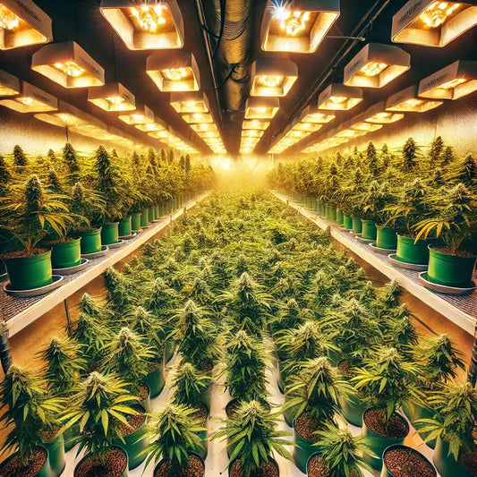 A detailed indoor cannabis grow setup using the Sea of Green (SOG) method.