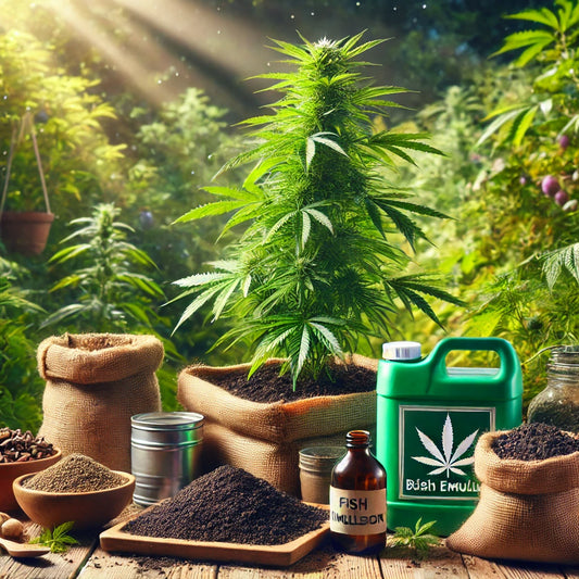 Gesunde Cannabispflanze in einem natürlichen Garten, umgeben von organischen Düngemitteln wie Kompost, Kaffeesatz, Fischemulsion, Knochenmehl und Brennnesseljauche, die nachhaltiges Wachstum fördern.