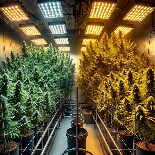 Ein Vergleich der Anbaumethoden SOG (Sea of Green) und SCROG (Screen of Green) nebeneinander. Auf der linken Seite zeigt das SOG-Setup viele kleine Pflanzen.