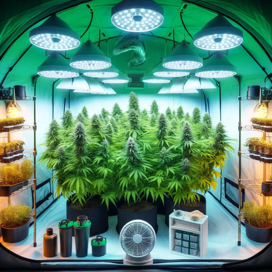 Bild von einem optimal eingerichteten Growzelt für den Indoor-Cannabisanbau, mit LED-Beleuchtung, gesunden Pflanzen und guter Belüftung.