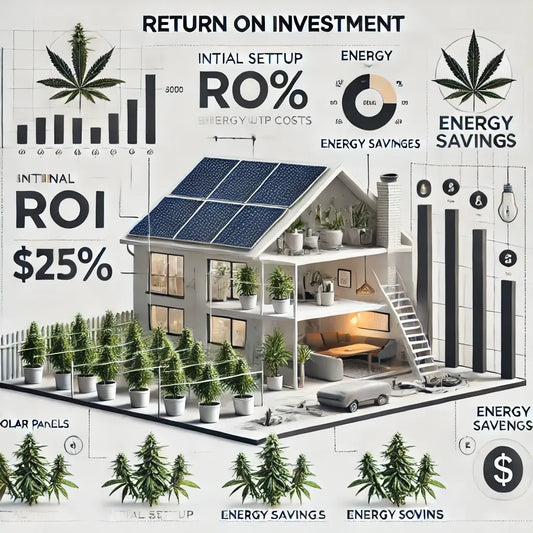 Infografik, die die Statistik über den Return on Investment (ROI) für eine kleine Solar-PV-Anlage auf einem Balkon für den Indoor-Cannabisanbau zeigt.