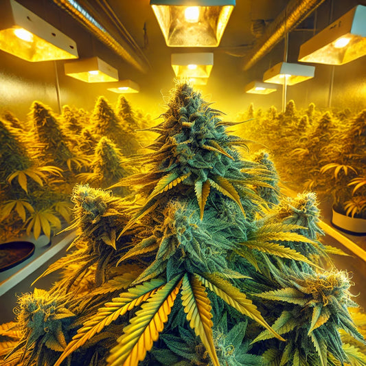  Bild, das die Blütephase von Cannabis in einer Indoor-Anbauumgebung zeigt. Es stellt die Pflanzen in voller Blüte mit dichten, harzigen Blüten dar, unter warmen Wachstumslichtern.