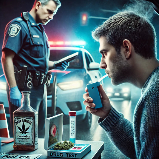 Das Bild zeigt die Szene eines nächtlichen Polizeikontrollpunkts, an dem ein Fahrer auf Cannabis- und Alkoholkonsum getestet wird. Ein Polizist hält einen Atemalkoholtester in Richtung des Fahrers.