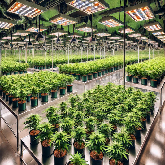 Ein Indoor-Cannabis-Anbau mit der "Sea of Green"-Methode. Dicht beieinander wachsende, gesunde Cannabispflanzen in ordentlichen Reihen unter hellen Lampen. Reflektierende Wände und moderne Belüftung sorgen für eine kontrollierte, effiziente Umgebung