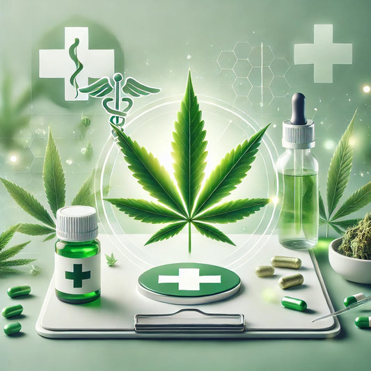 Medizinisches Cannabis: Grünes Cannabisblatt mit CBD-Öl-Flasche und Kapseln, medizinisches Kreuz im Hintergrund, Symbol für die therapeutischen Vorteile von Cannabis und CBD-Produkten bei Krankheiten.