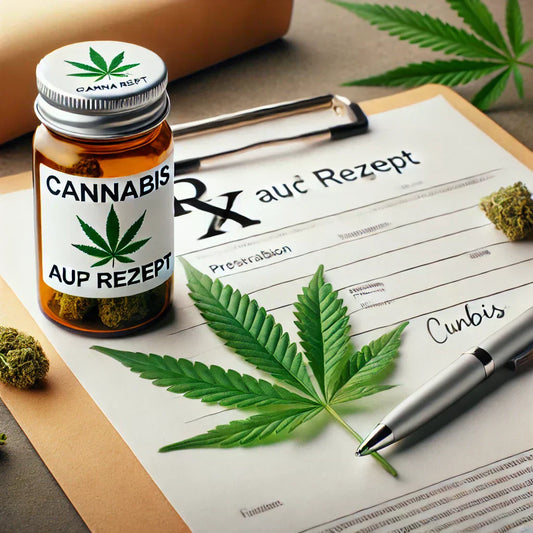 Eine detaillierte Darstellung von 'Cannabis auf Rezept'. Das Bild zeigt ein Rezeptfläschchen, das mit 'Cannabis' beschriftet ist, neben einem grünen Cannabisblatt. 
