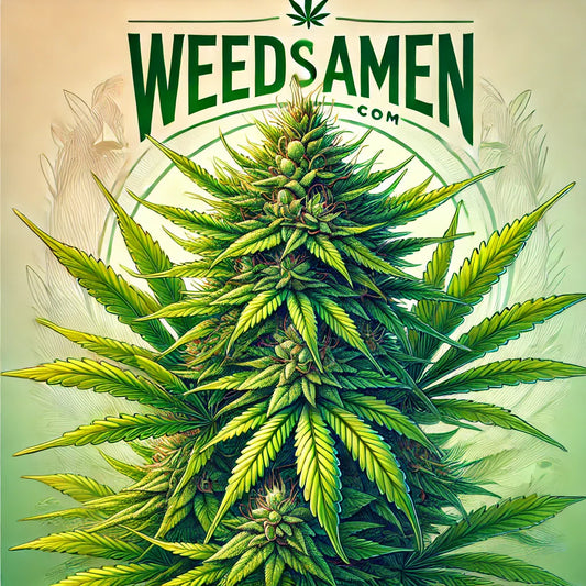 Illustration einer gesunden Cannabis-Pflanze in voller Blüte, mit grünen Blättern und dichten Blütenknospen, vor einem dezenten Hintergrund mit dem Text 'WeedSamen.com' in moderner Schrift.