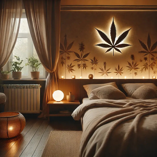 Beruhigendes Schlafzimmer mit gedimmtem Licht und subtilen Cannabis-Motiv für eine entspannende Atmosphäre