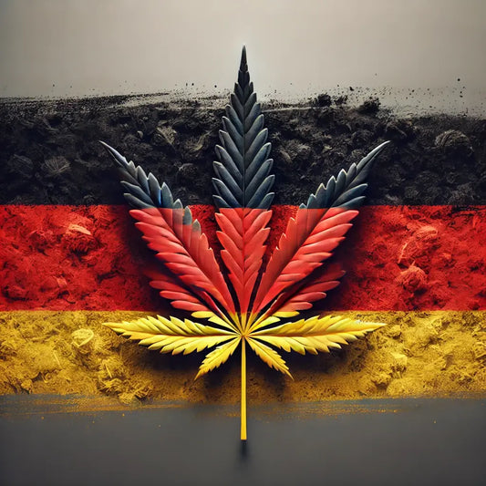 Symbolisches Hauptbild zur Cannabis-Teilverbot in Deutschland, mit einem Cannabisblatt und den Farben der deutschen Flagge im Hintergrund.