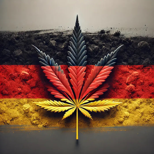 Moderne Darstellung der Deutschland-Flagge mit einem stilisierten Cannabis-Blatt in der Mitte, in einem zeitgemäßen und professionellen Design.