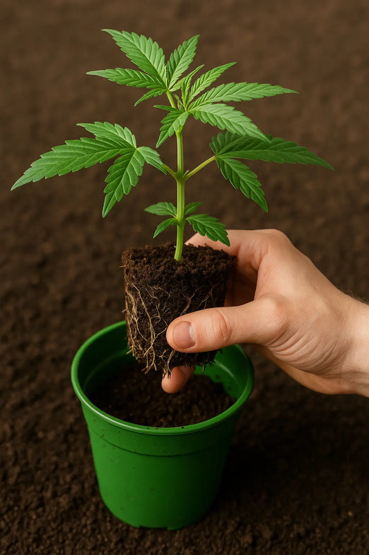 Cannabispflanze im Topf mit Wurzeln, die aus den Abflusslöchern wachsen – Zeichen für Umtopfbedarf