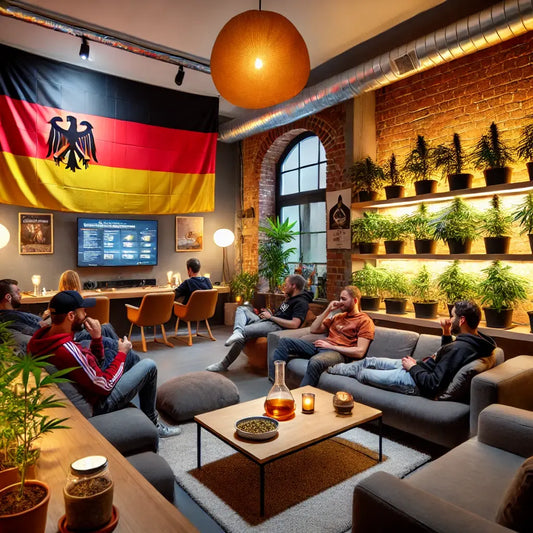 Gemütlicher Cannabis Social Club in Deutschland mit warmer Atmosphäre, bequemen Sitzgelegenheiten, sanfter Beleuchtung und einer deutschen Flagge im Hintergrund