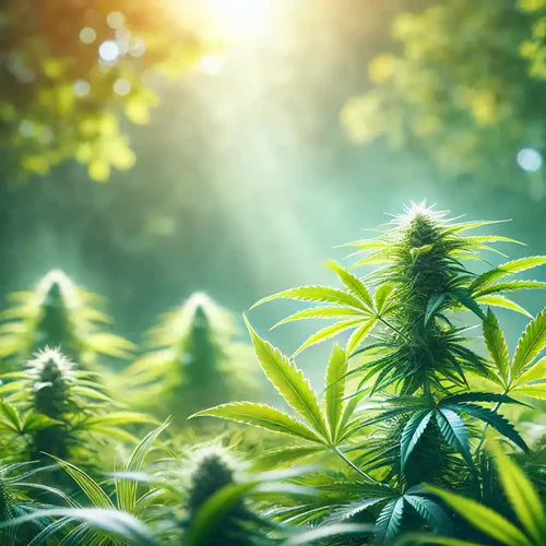 Kräftige Cannabis-Pflanzen im natürlichen Sonnenlicht mit einer frischen und grünen Atmosphäre.