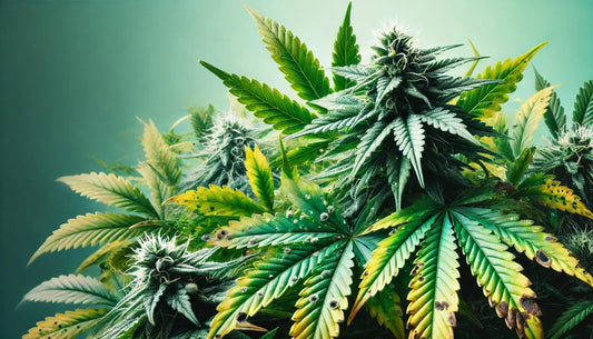 Hauptbild für einen Cannabis-Blog mit gesunder Pflanze und Blättern, die Nährstoffmängel, Mehltau und Grauschimmel zeigen