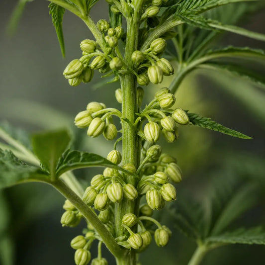 Nahaufnahme einer männlichen Cannabis-Pflanze mit gut sichtbaren Pollensäcken an den Knotenstellen entlang des Hauptstamms – typisches Merkmal vor der Pollenfreisetzung