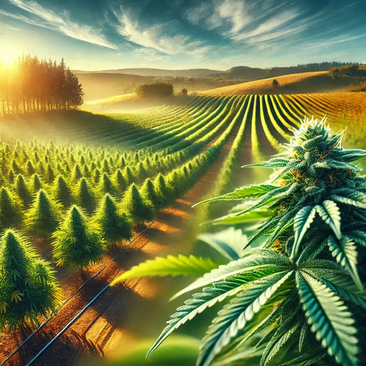 Ein beeindruckendes Outdoor-Cannabisfeld unter klarem blauen Himmel, mit gesunden, grünen Pflanzen im Vordergrund und einer natürlichen Landschaft im Hintergrund, die eine ruhige und gedeihende Atmosphäre vermittelt.
